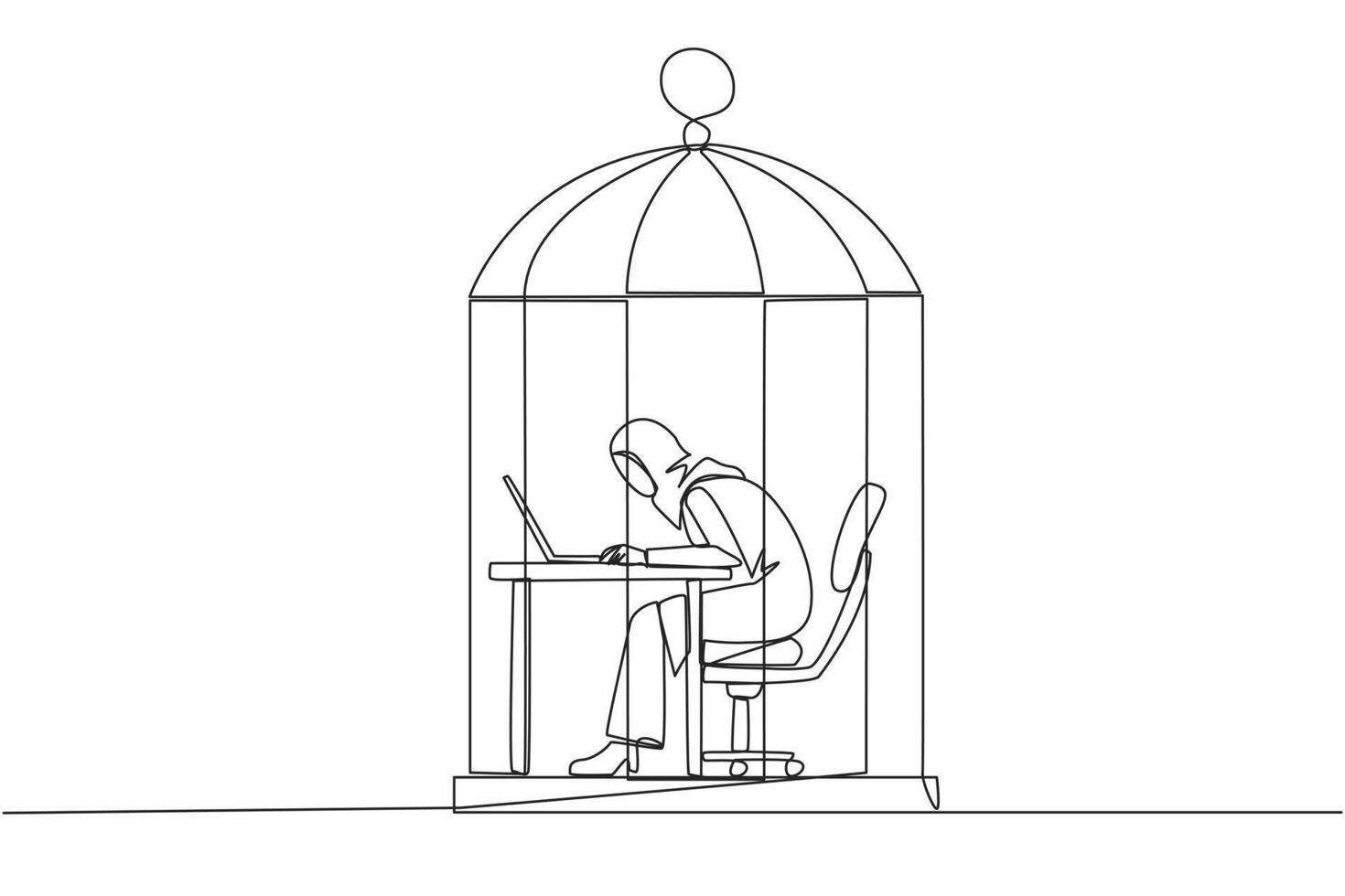 Single continuous line drawing Arabian businesswoman trapped in cage working on laptop. Plan to take annual leave to get away from routine. Workaholic. Overtime. One line design illustration vector
