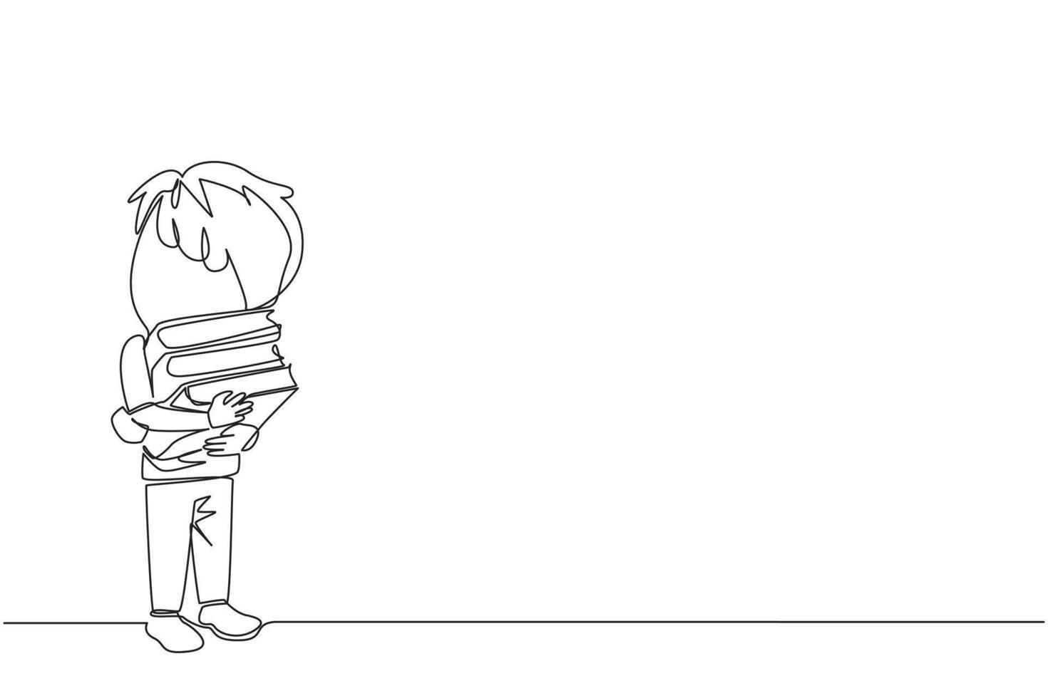 Single continuous line drawing boy standing hugging some books. Favorite book that finish reading. Some books will be donated to the national library. Charity. Knowledge. One line illustration vector