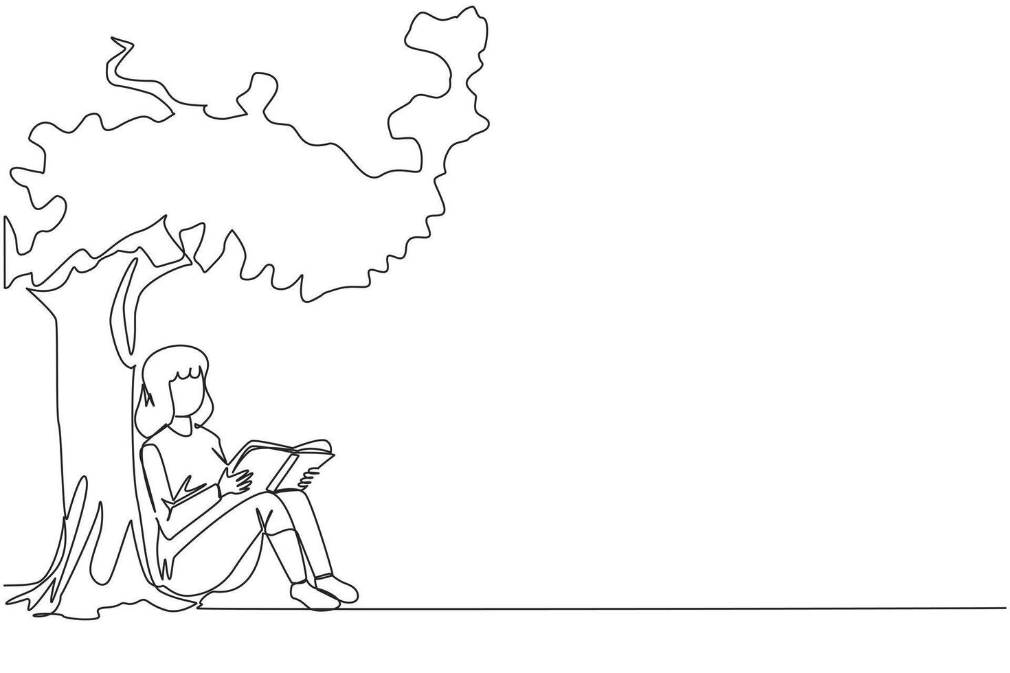 Single one line drawing woman sitting reading a book under shady tree. Continuing the second volume of the fiction story book. Enjoy reading. Book festival. Continuous line design graphic illustration vector