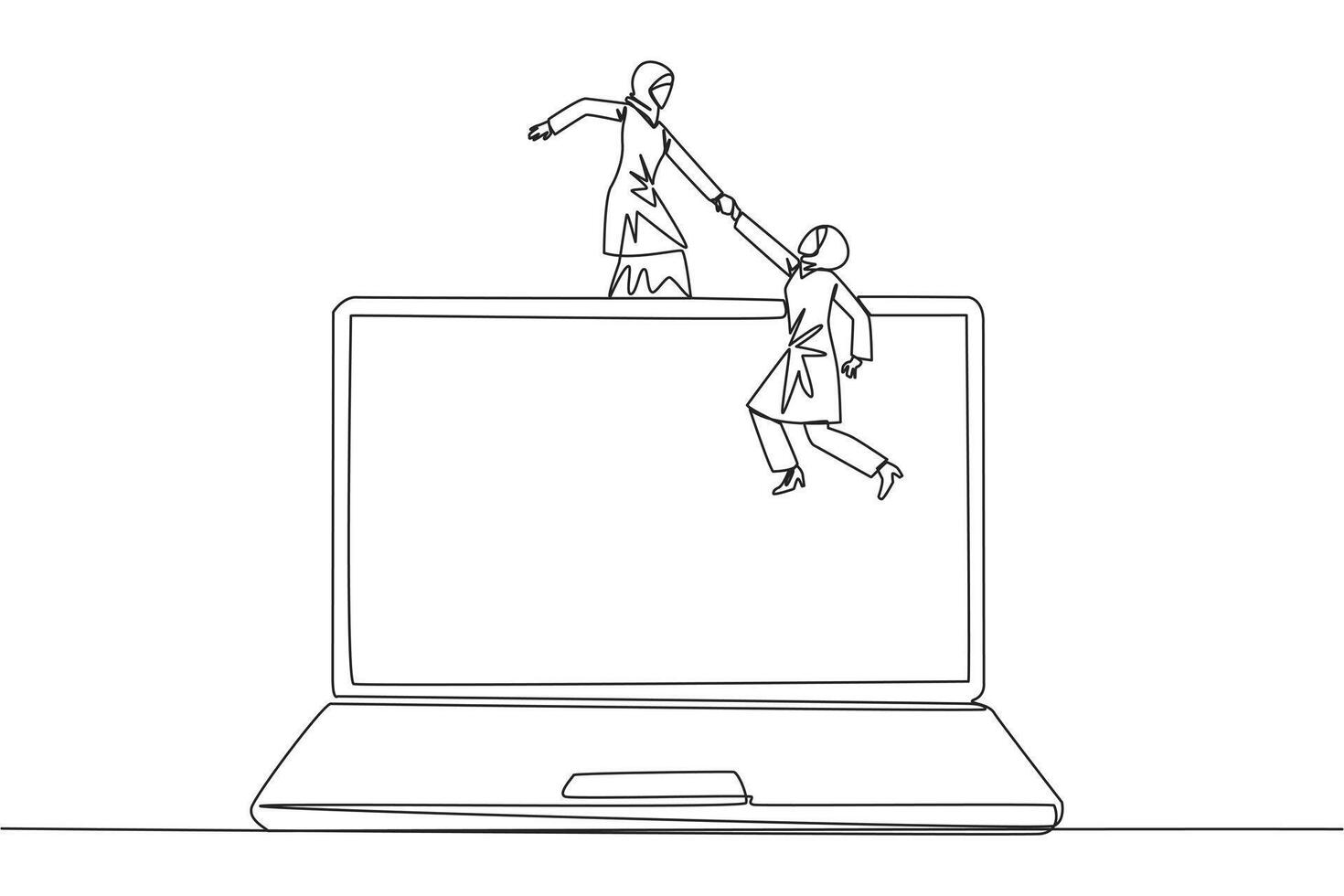 Single continuous line drawing Arabian businesswoman helps colleague to climb a big laptop. Help create applications to develop business online. Great teamwork. One line design illustration vector