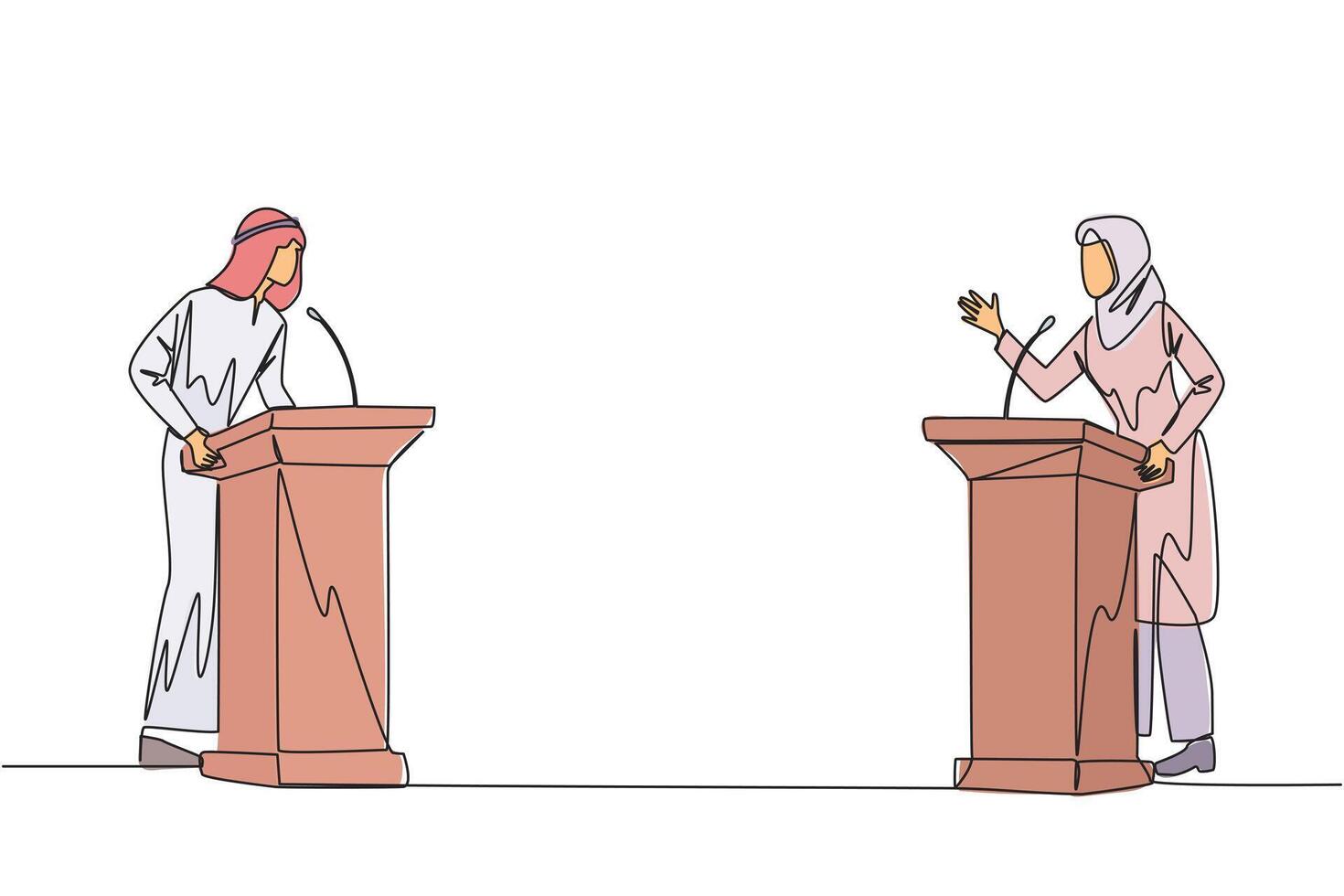 Continuous one line drawing Arabian businessman and businesswoman arguing on the podium. Throwing arguments at each other, not wanting to give in. Feel most right. Single line draw illustration vector