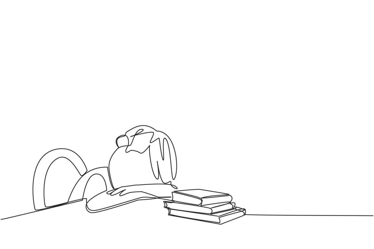 Single continuous line drawing boy asleep at the table where there were piles of books. Tired after successfully finishing the favorite reading book. Love read. One line design illustration vector