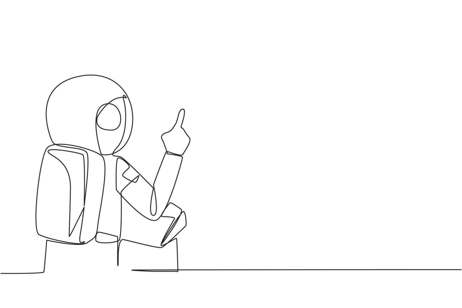Single one line drawing from back view young astronaut speaking at podium while lifting index finger. Astronaut in Conference Hall present new business. Continuous line design graphic illustration vector