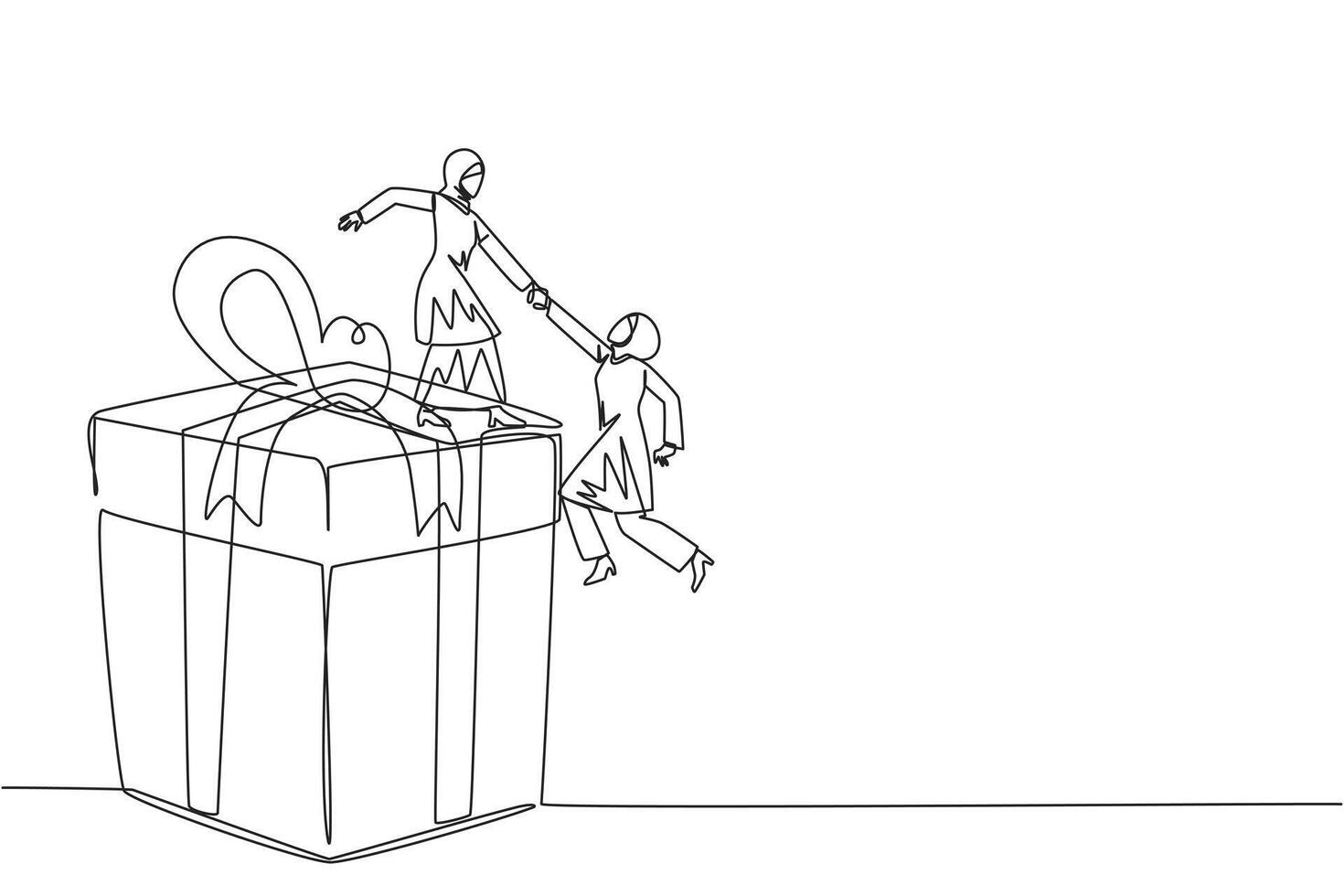 Continuous one line drawing Arab businesswoman helps colleague climb gift box. Integrated teamwork to reach highest level for rewards. Helping each other. Single line draw design illustration vector