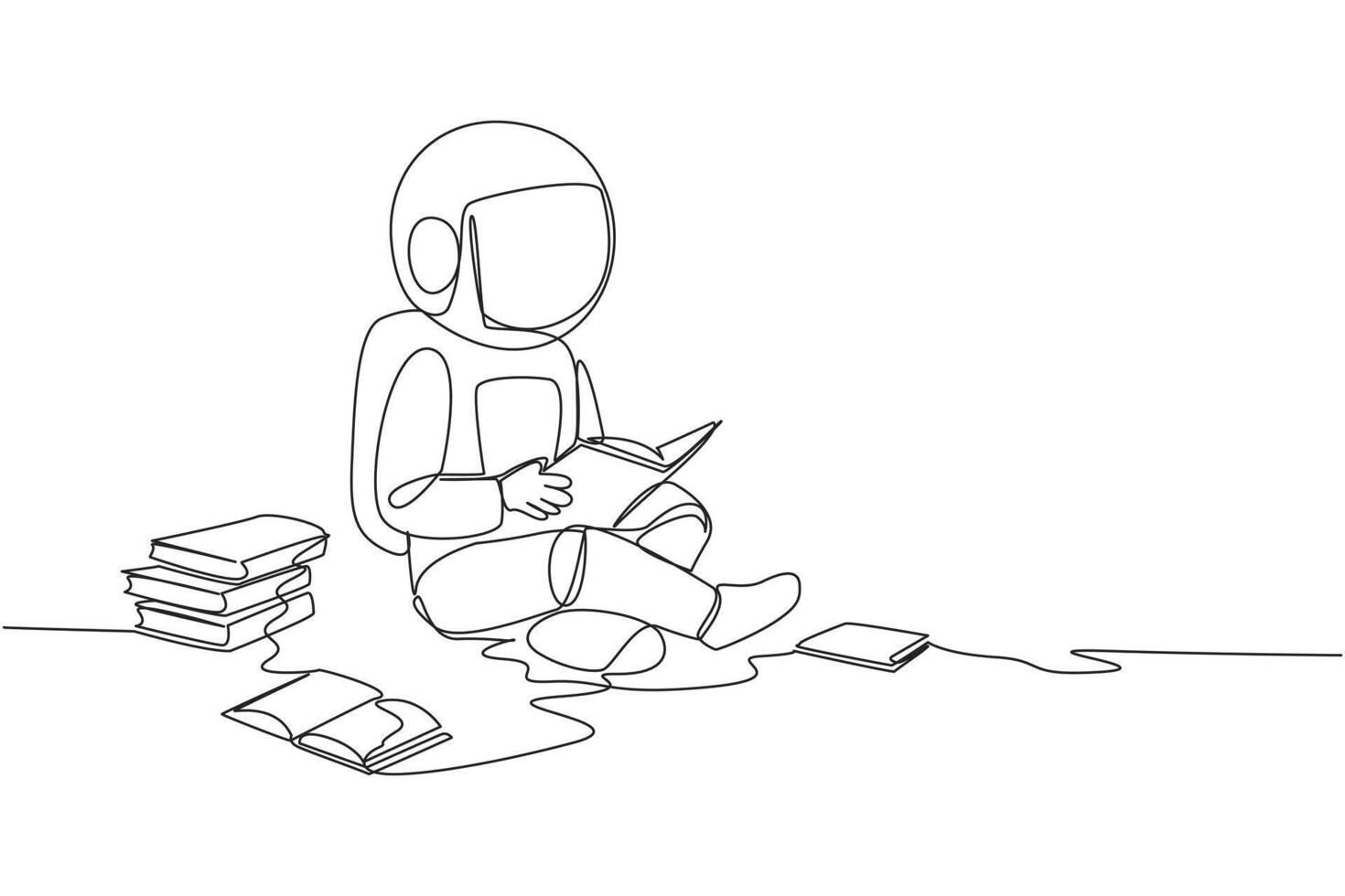 Single continuous line drawing astronaut sitting relax in library reading lot of books. Looking for answers to assignments. Hobby reading. Book festival concept. One line design illustration vector