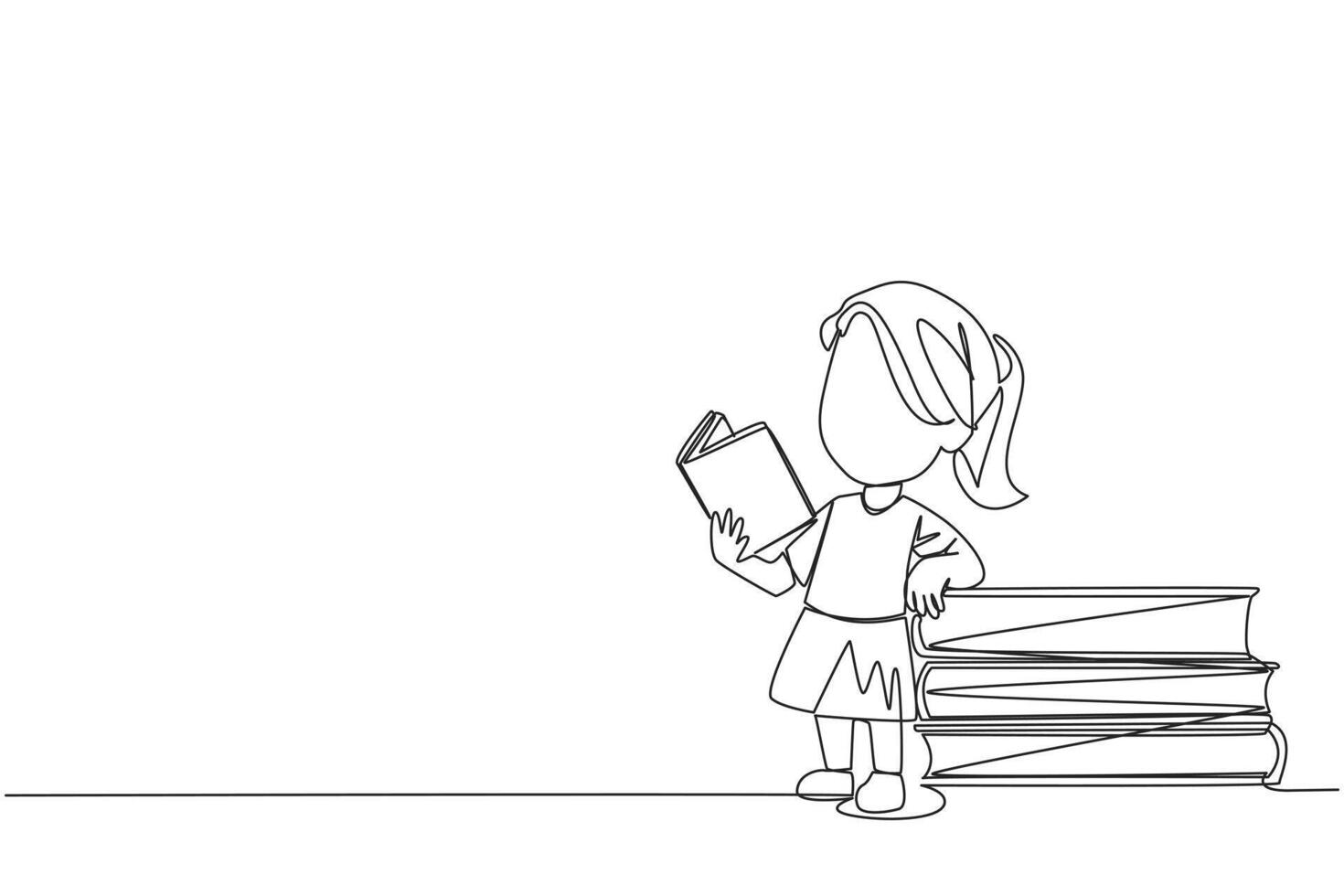 Continuous one line drawing girl standing reading a book while leaning against a pile of large books. Hobby of reading anywhere. Very happy when reading. Single line draw design illustration vector