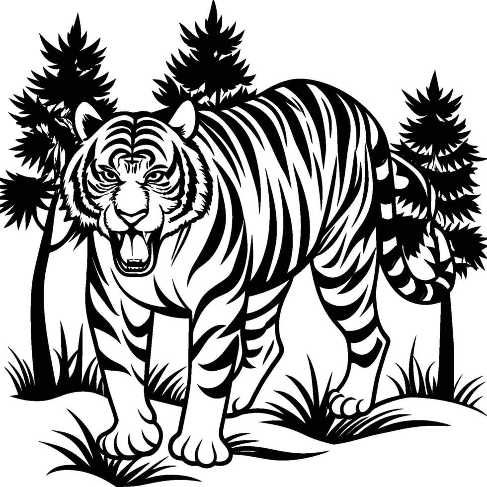 Hand drawn tiger linocut vector