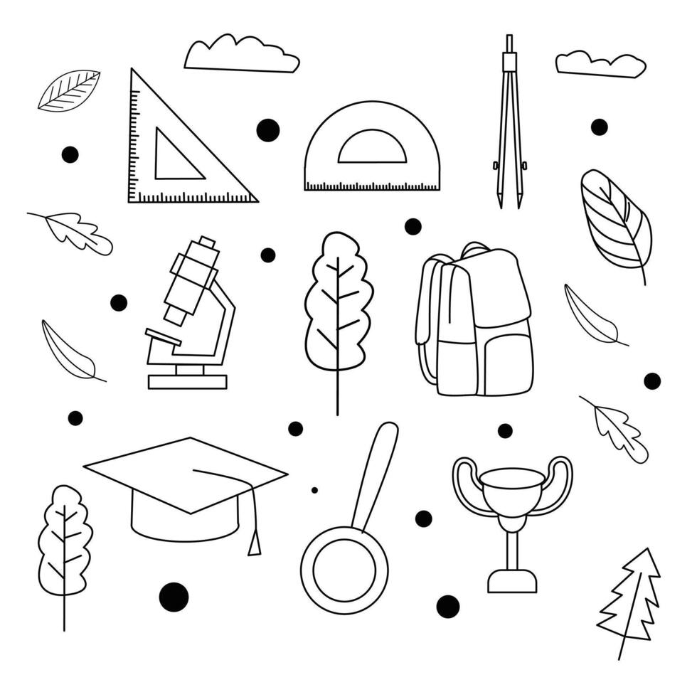 collection of black and white back to school icons doodle vector