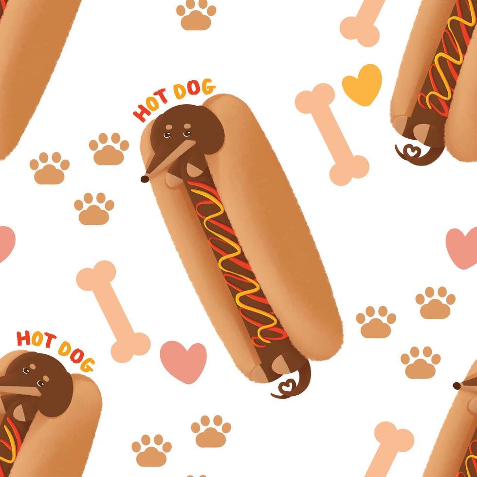 cute hot dog Dachshund dog in sausage bun seamless pattern vector