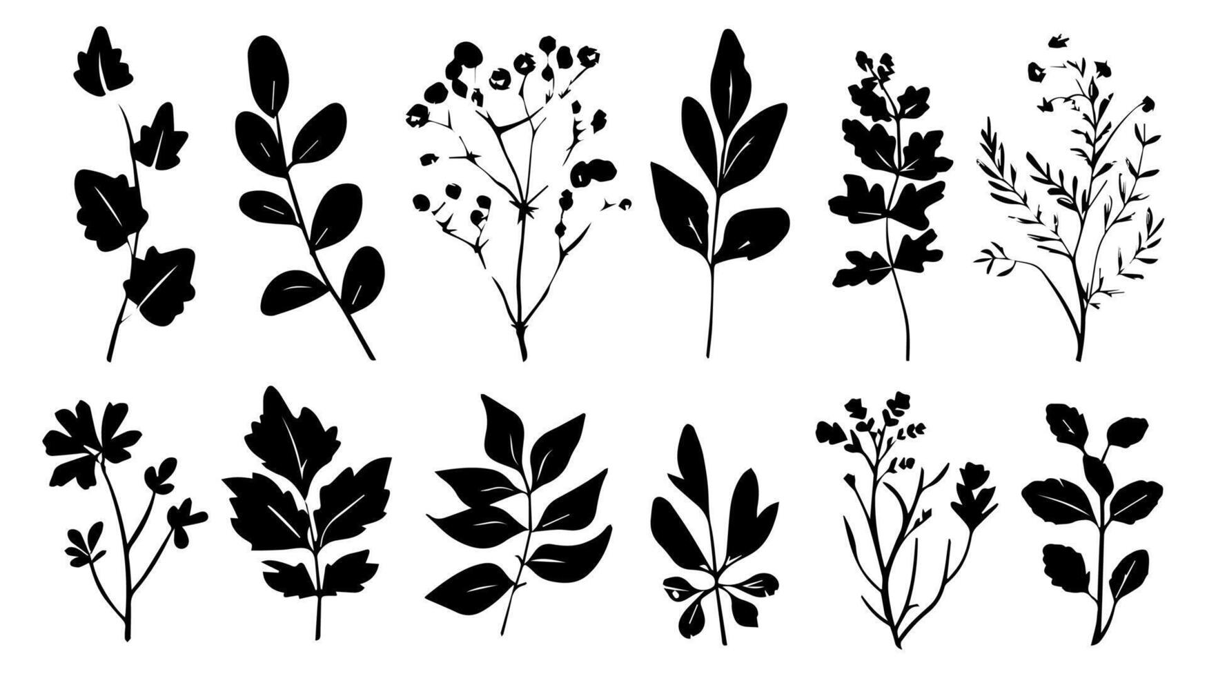 Set of black silhouettes of leaves and flowers vector