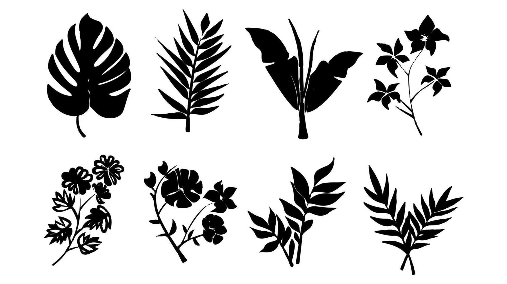 Set of black silhouettes of leaves and flowers vector