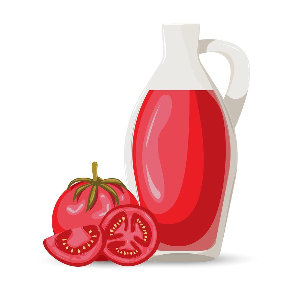 Fresh red tomato, slice tomatoes and juice bottle.Organic food. Applicable for ketchup, juice advertising. Can be used for menu, packaging, textiles. illustration vector