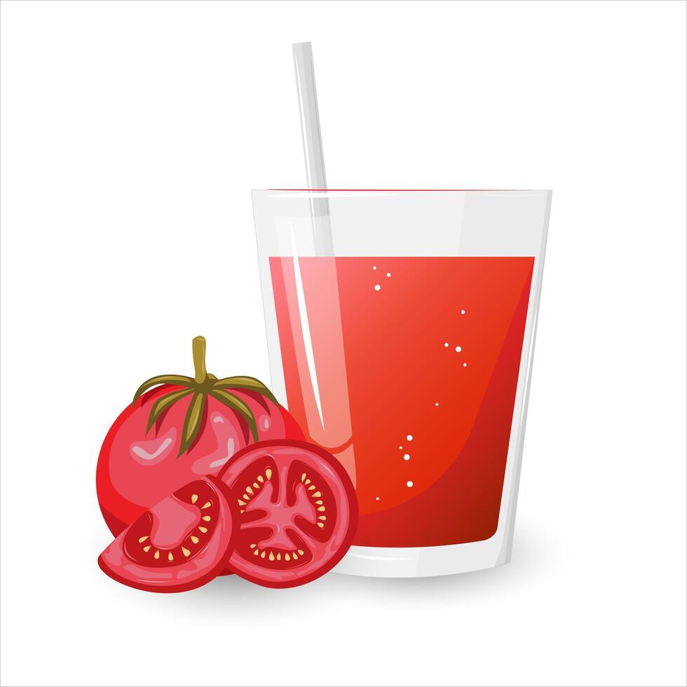 Fresco rojo tomate, rebanada Tomates y jugo vidrio.orgánico alimento. aplicable para salsa de tomate, jugo publicidad. lata ser usado para menú, embalaje, textiles. ilustración vector