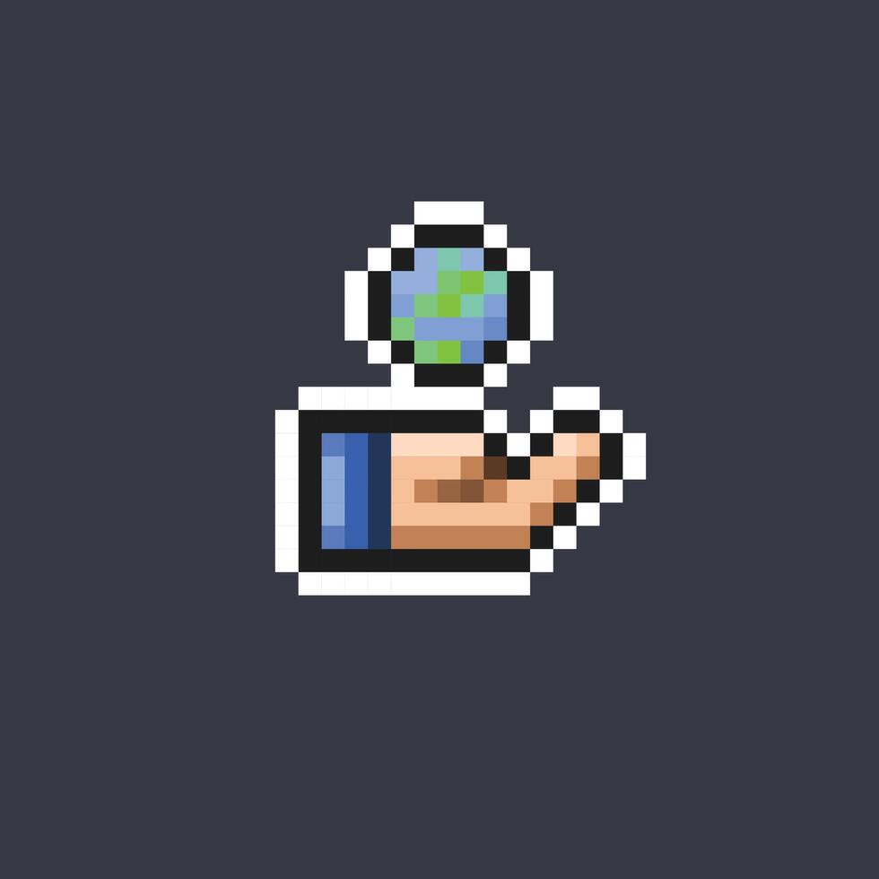 globe in hand in pixel art style vector