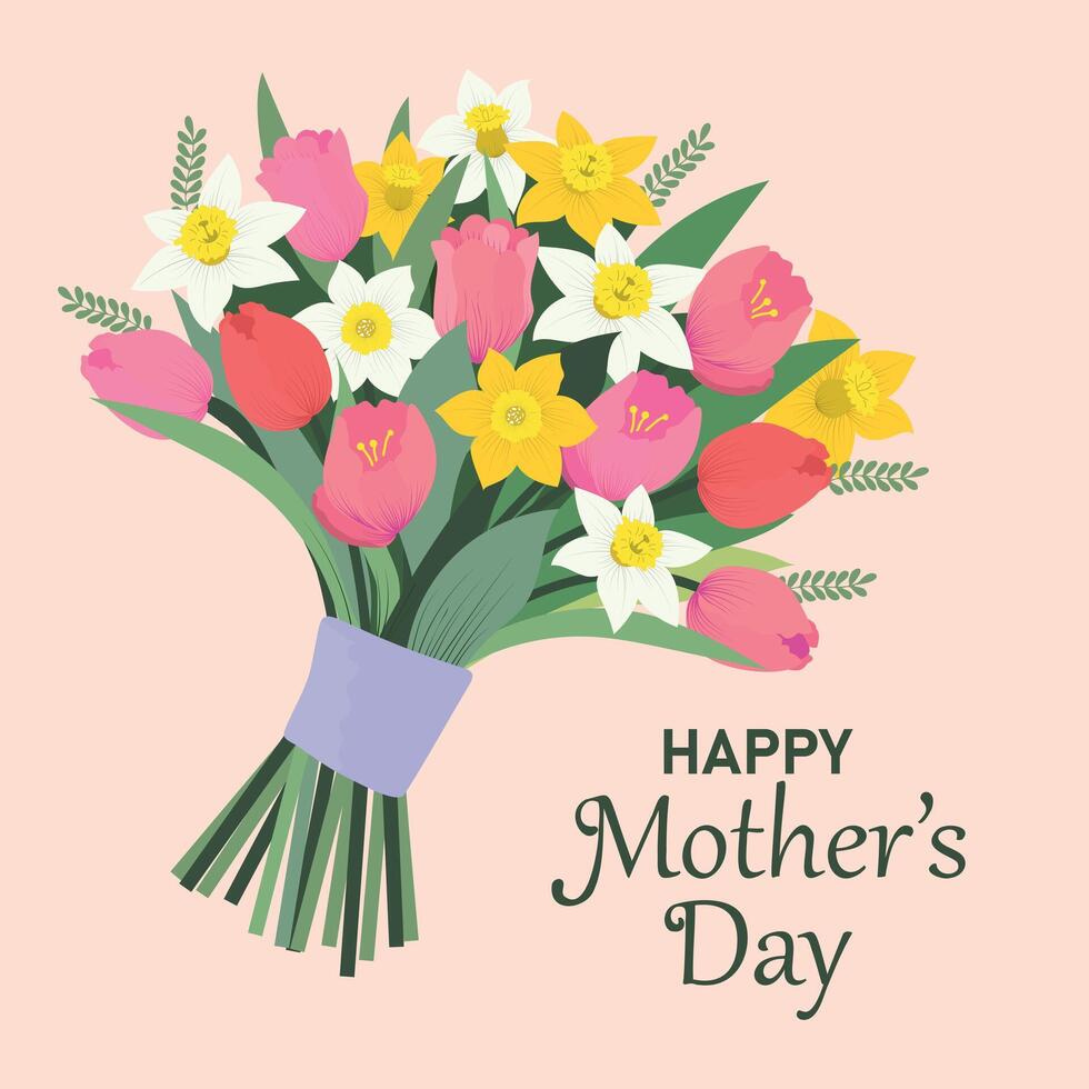 Mother's day greeting card with beautiful bouquet of tulips and daffodil vector