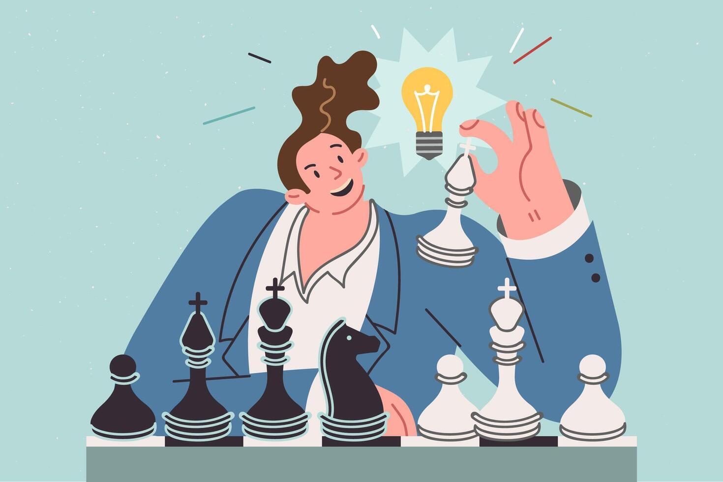 Business man plays chess, coming up with new idea, sitting with light bulb above head vector