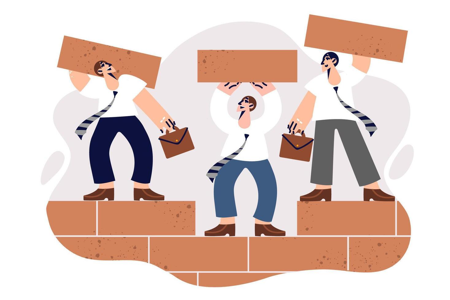 Teamwork of business men building wall of bricks together and taking care of creating corporation vector