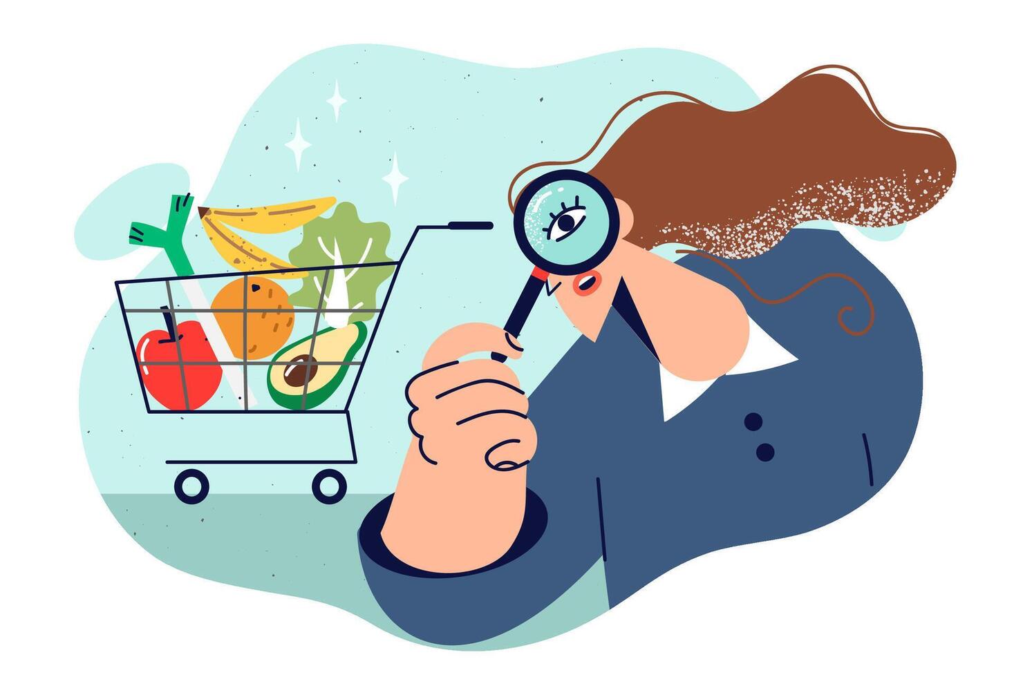 Woman nutritionist selects vegetables, standing with magnifying glass near shopping cart vector