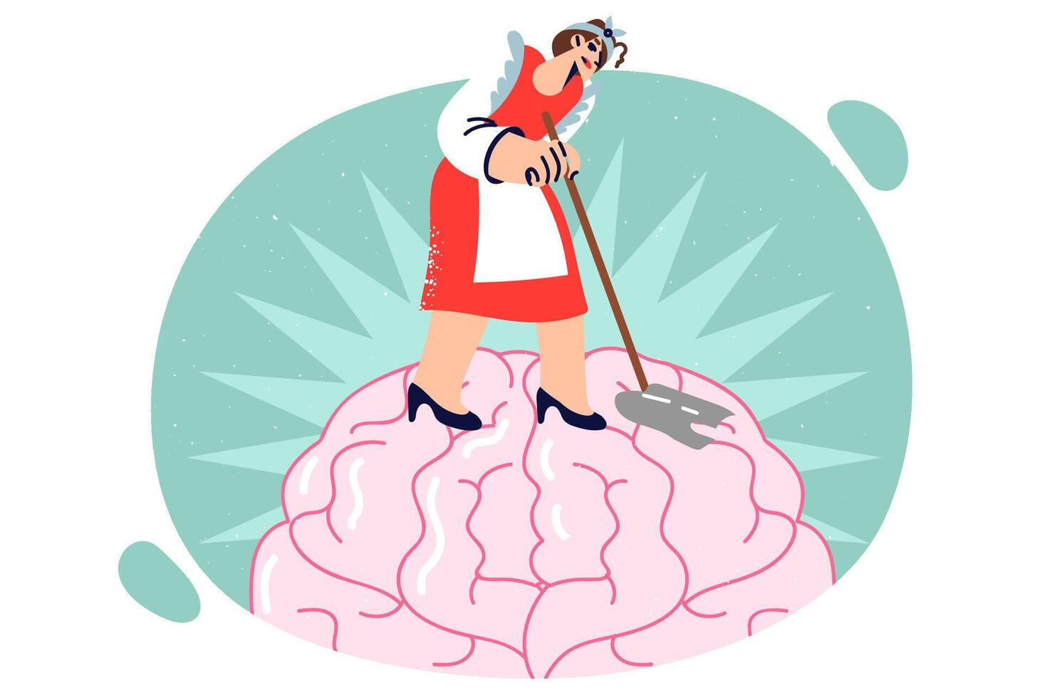 Maid washes brain with mop, getting rid of bad thoughts, concept mental and psychological hygiene vector