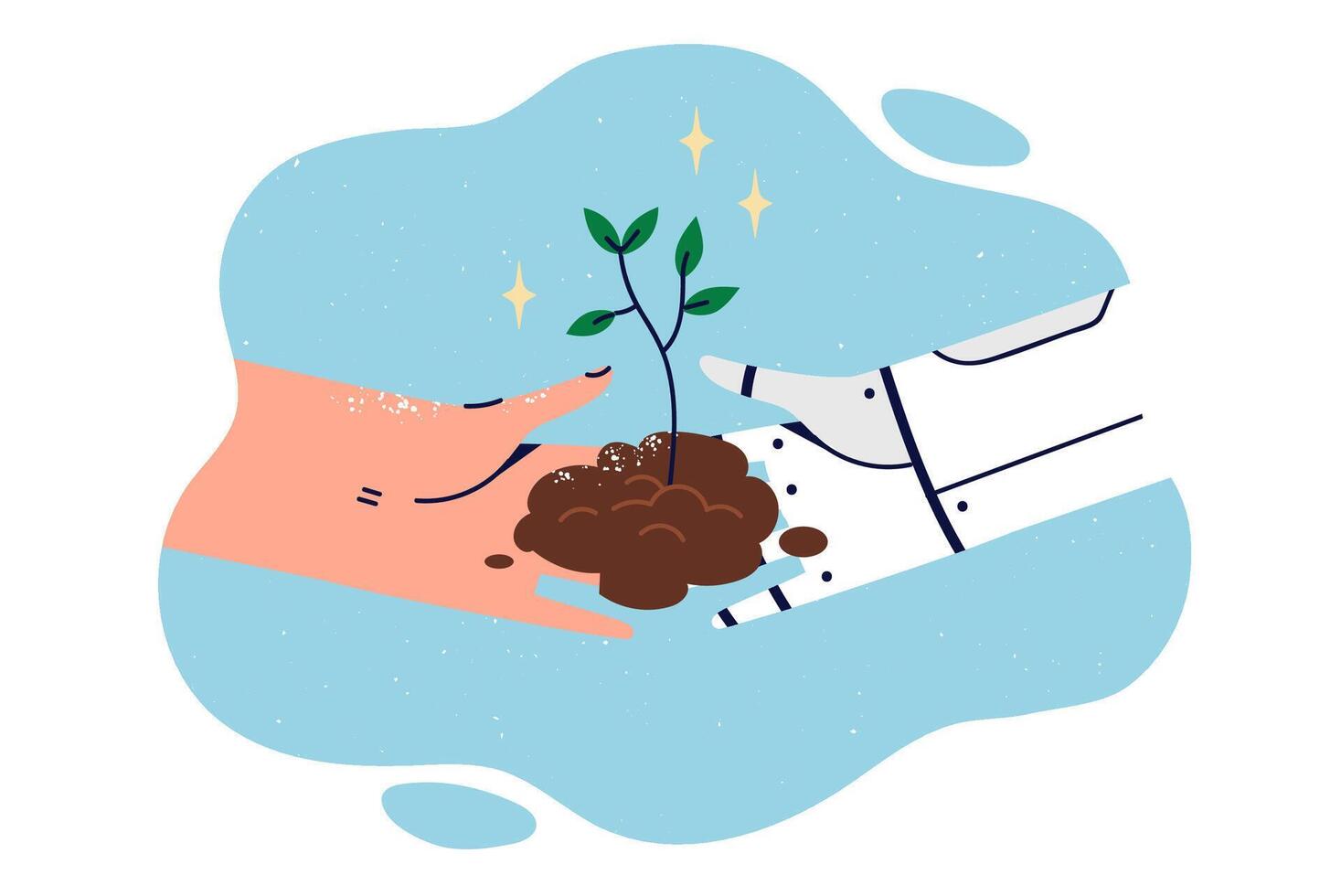 robot y persona planta árbol juntos a salvar ambiente y ayuda restaurar naturaleza vector