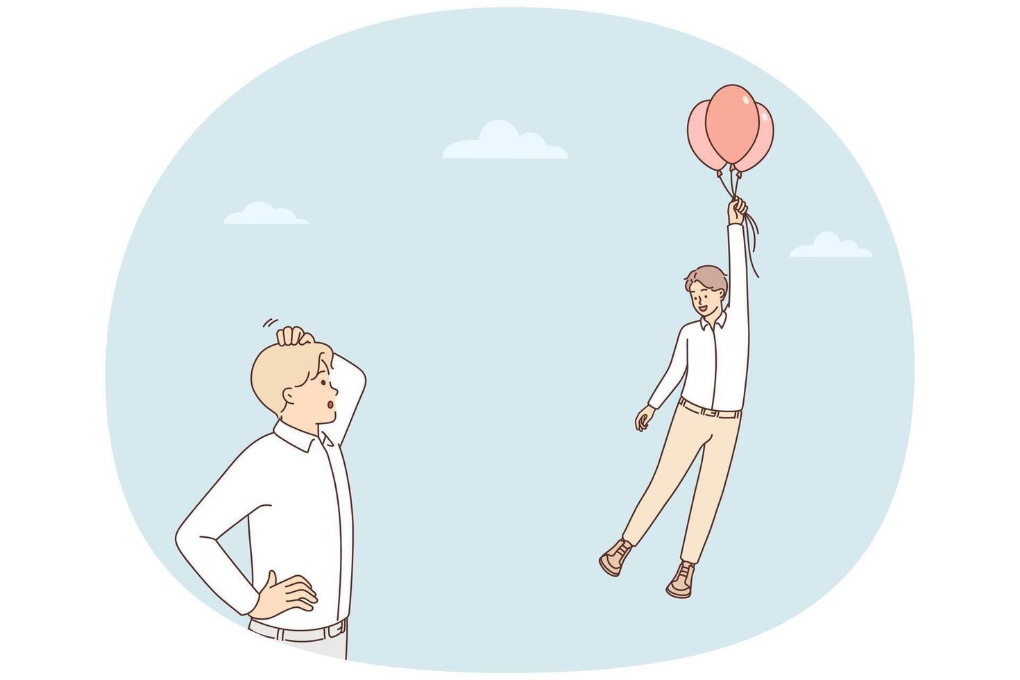 Frustrated man look at colleague flying on balloons vector