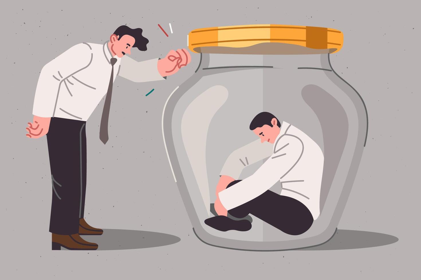 Boss is trying help and support upset man sitting in jar due to alienation from colleagues vector