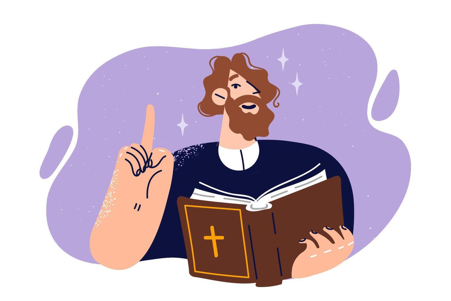 hombre sacerdote con Biblia puntos arriba, dando instrucciones a feligreses, querer a unirse cristiandad vector