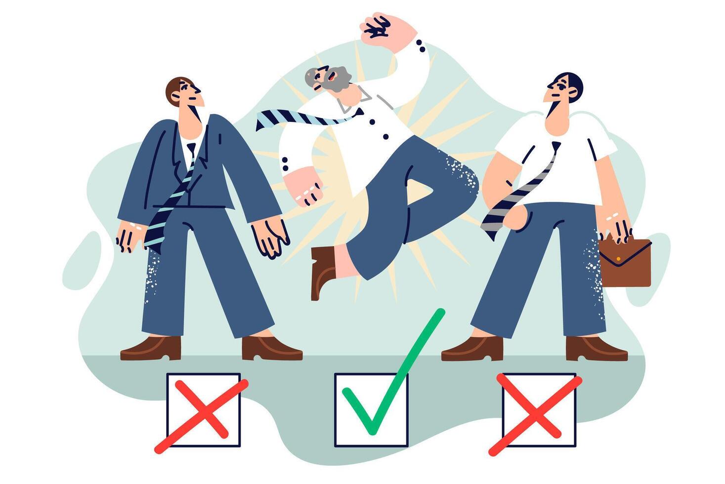 Experienced business man wins competition among young employees of company by jumping over checkbox vector