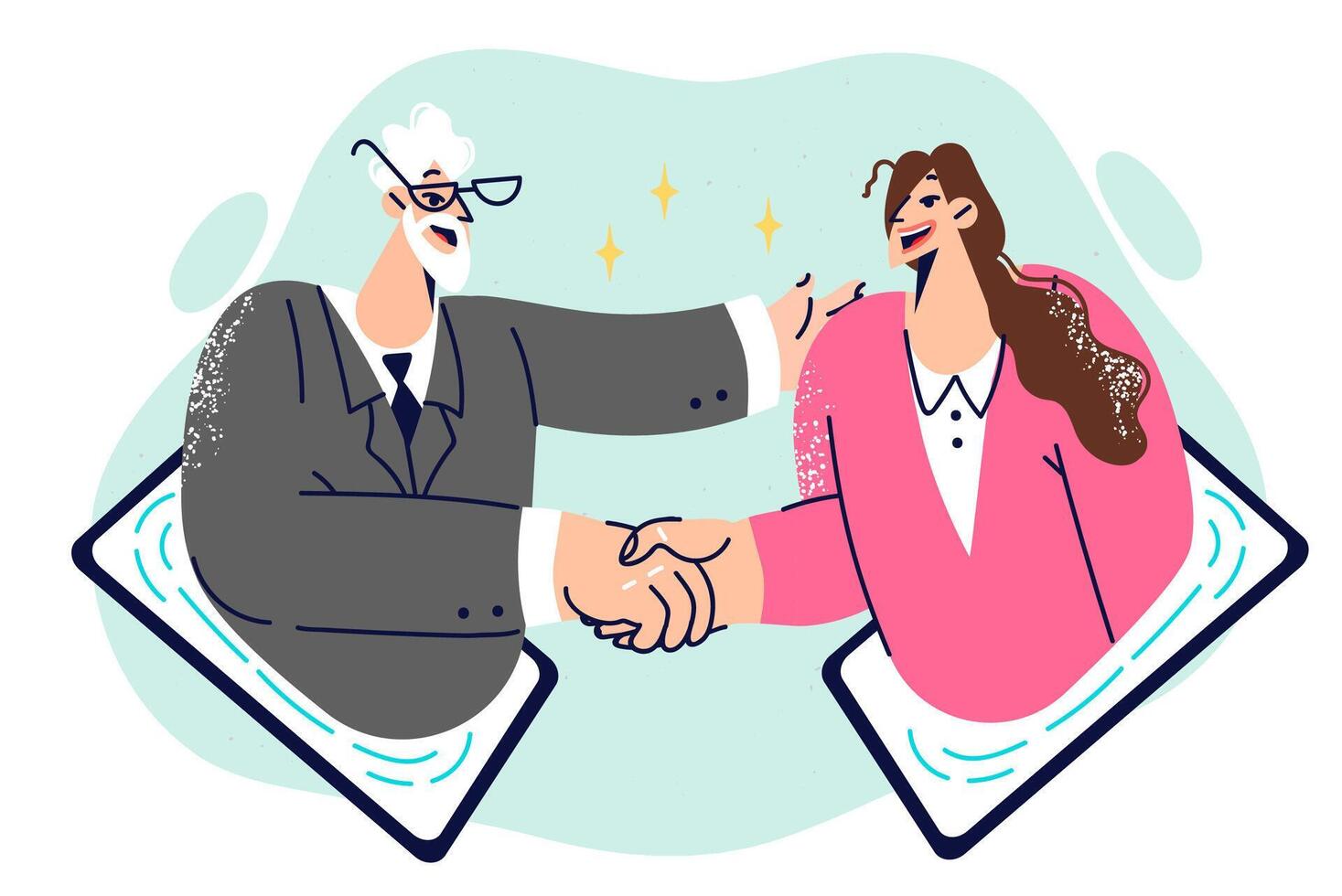 Handshakes of business partners leaning out of tablet computers after making successful transaction vector