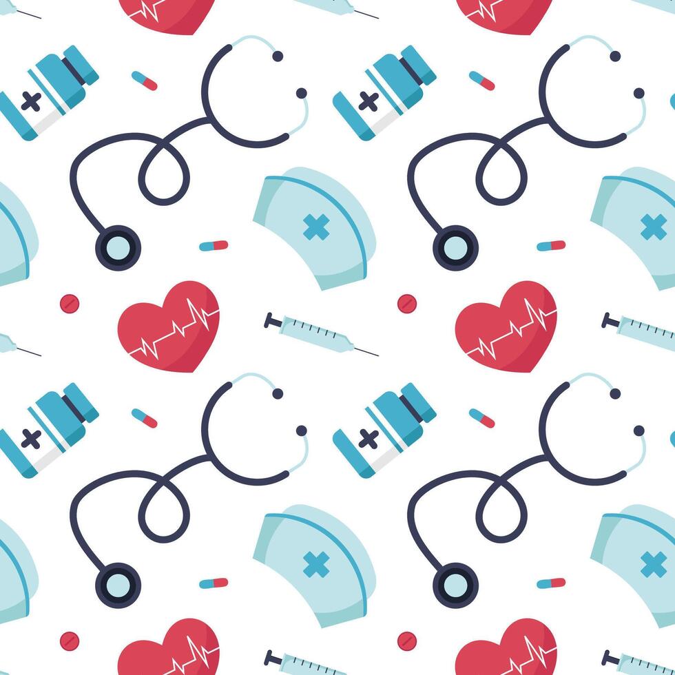 Doctors Day Seamless Pattern Design with Medical Equipment in Template Hand Drawn Cartoon Flat Illustration vector