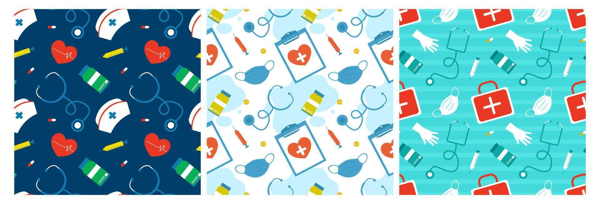 Doctors Day Seamless Pattern Design with Medical Equipment in Template Hand Drawn Cartoon Flat Illustration vector