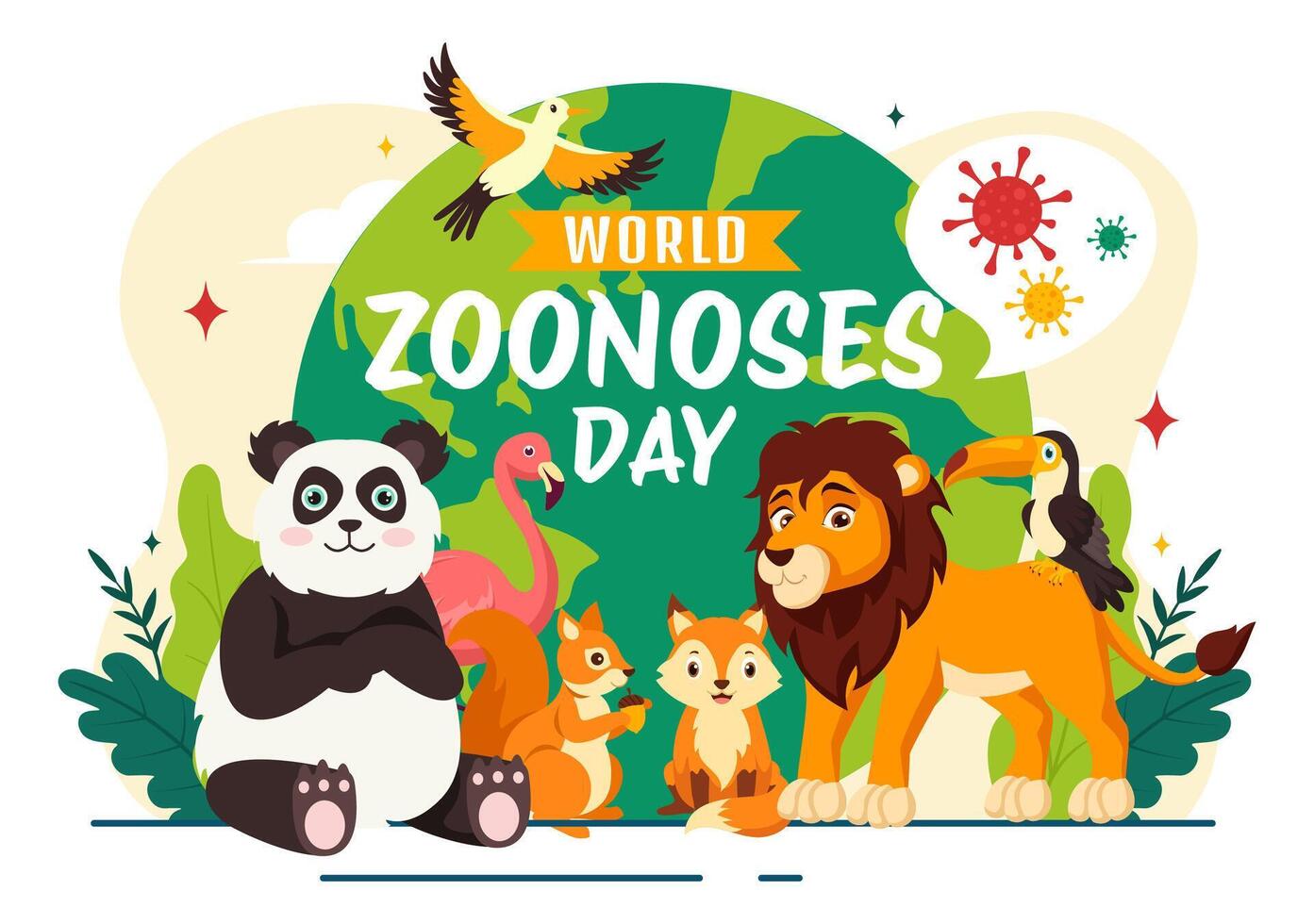 World Zoonoses Day Illustration on 6 July with Various Animals and Plant which is in the Forest to Protect in Flat Cartoon Background Design vector