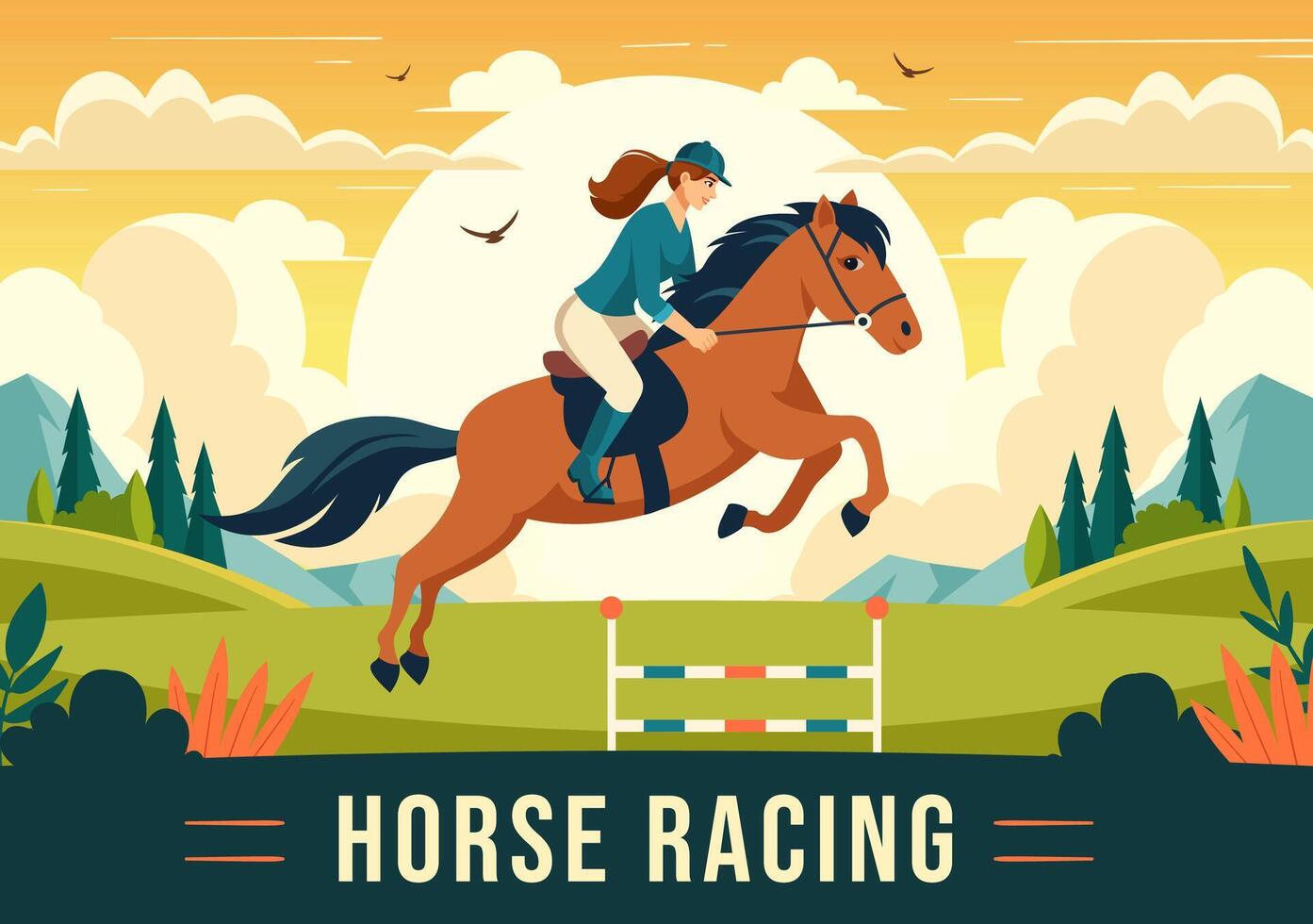 Horse Racing Competition Illustration with Equestrian Performance Sport and Rider or Jockeys in a Racecourse on Flat Cartoon Background vector