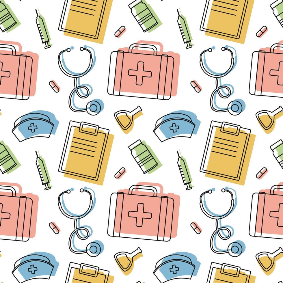 Doctors Day Seamless Pattern Design with Medical Equipment in Template Hand Drawn Cartoon Flat Illustration vector