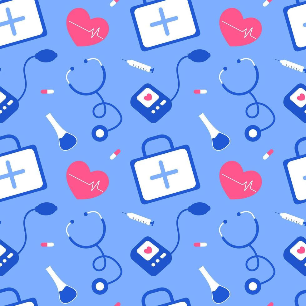 Doctors Day Seamless Pattern Design with Medical Equipment in Template Hand Drawn Cartoon Flat Illustration vector