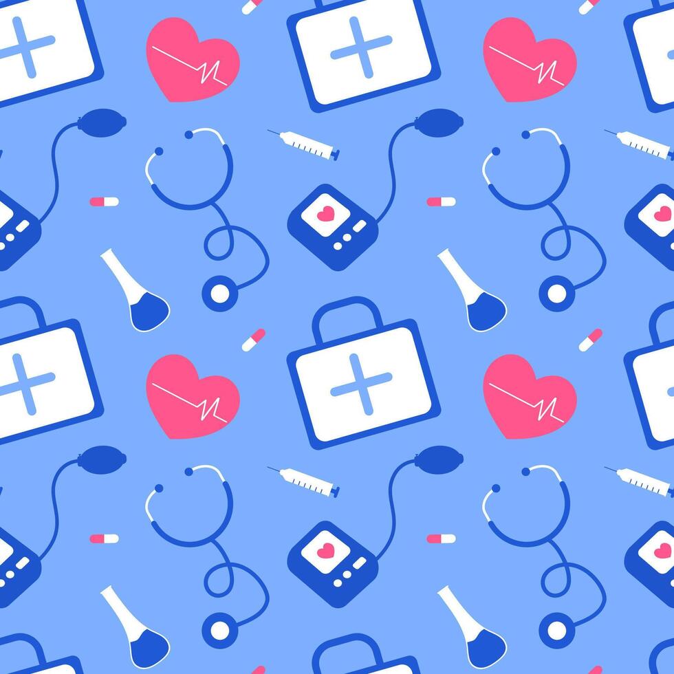 Doctors Day Seamless Pattern Design with Medical Equipment in Template Hand Drawn Cartoon Flat Illustration vector