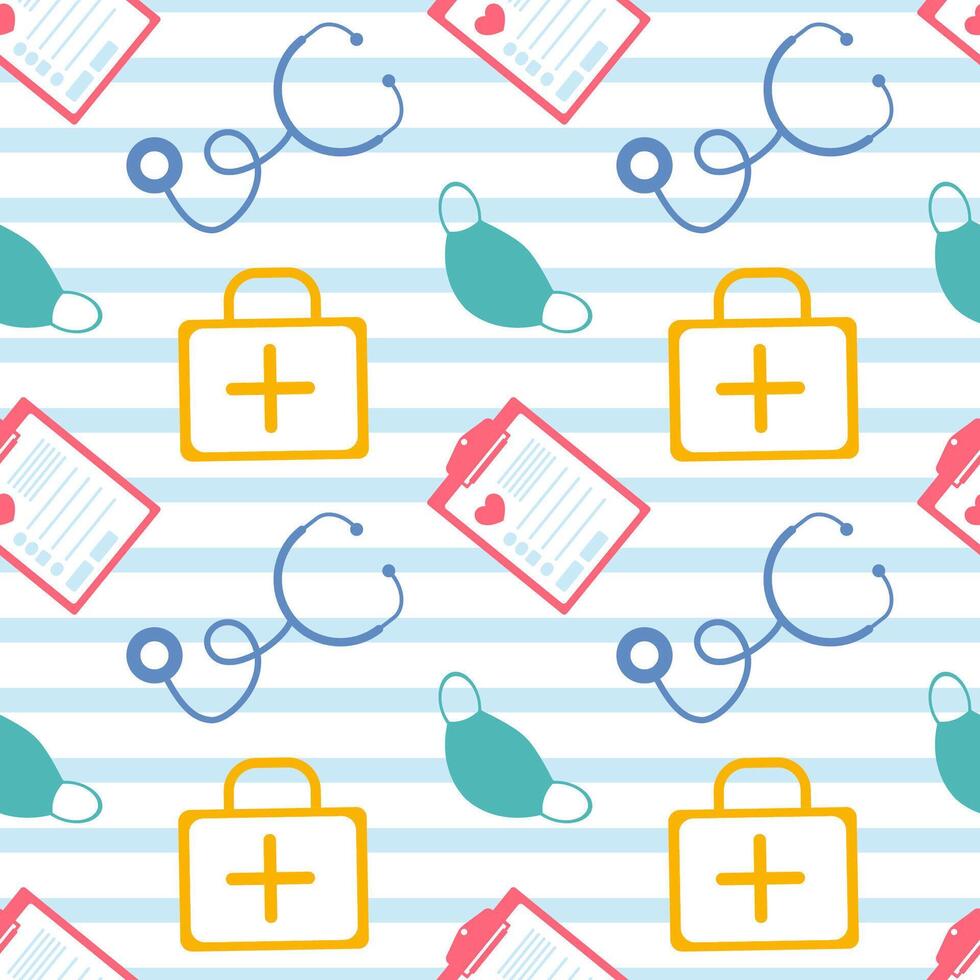 Doctors Day Seamless Pattern Design with Medical Equipment in Template Hand Drawn Cartoon Flat Illustration vector
