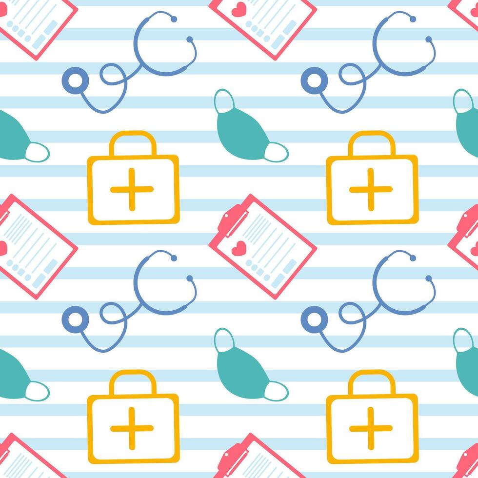 Doctors Day Seamless Pattern Design with Medical Equipment in Template Hand Drawn Cartoon Flat Illustration vector