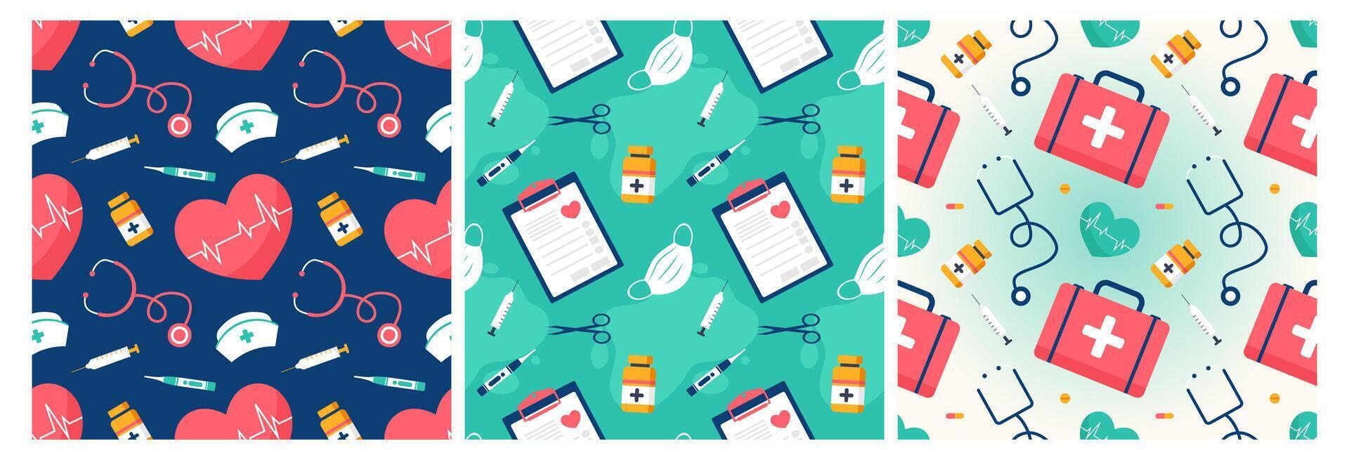Doctors Day Seamless Pattern Design with Medical Equipment in Template Hand Drawn Cartoon Flat Illustration vector