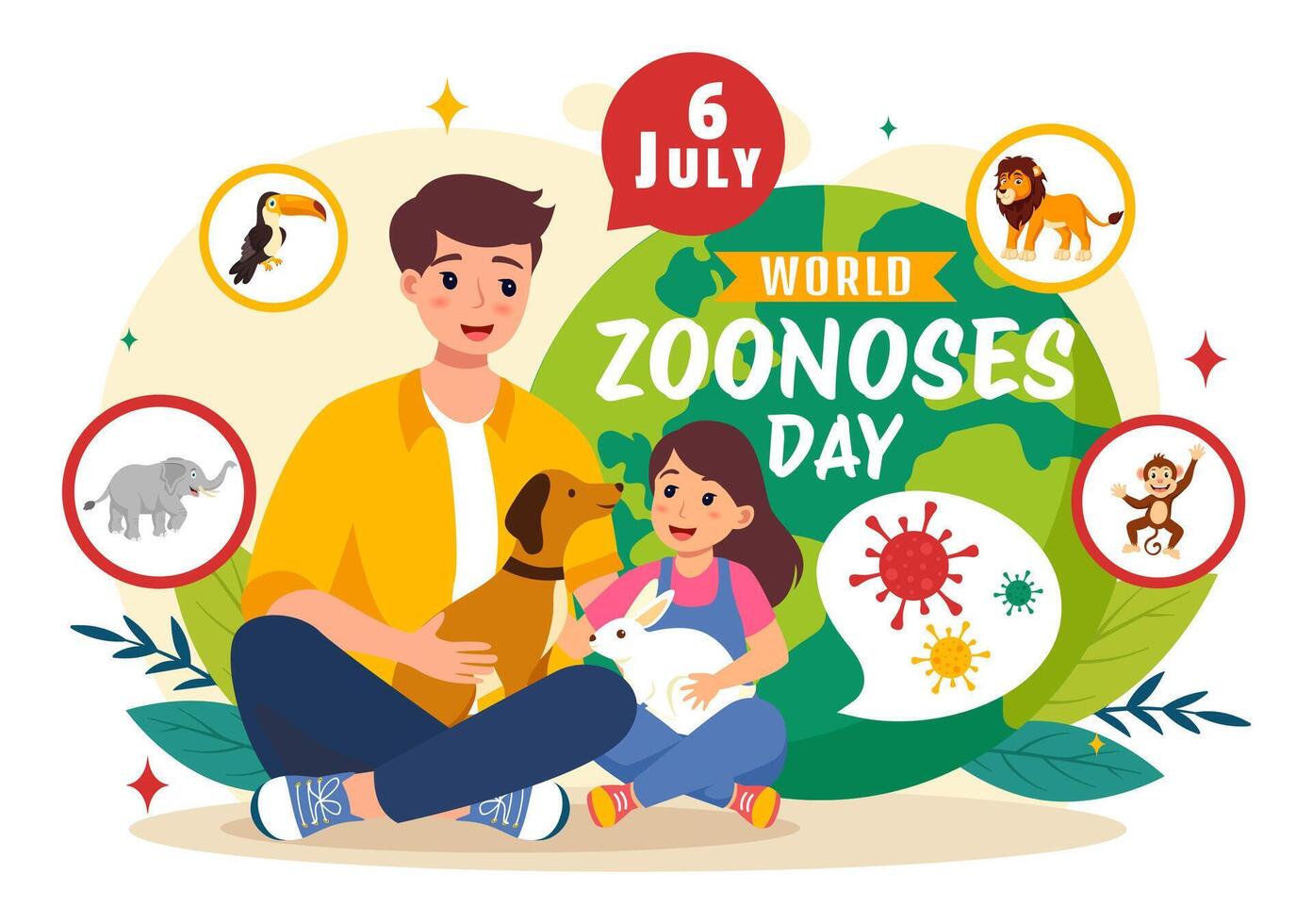 mundo zoonosis día ilustración en 6 6 julio con varios animales y planta cuales es en el bosque a proteger en plano dibujos animados antecedentes diseño vector