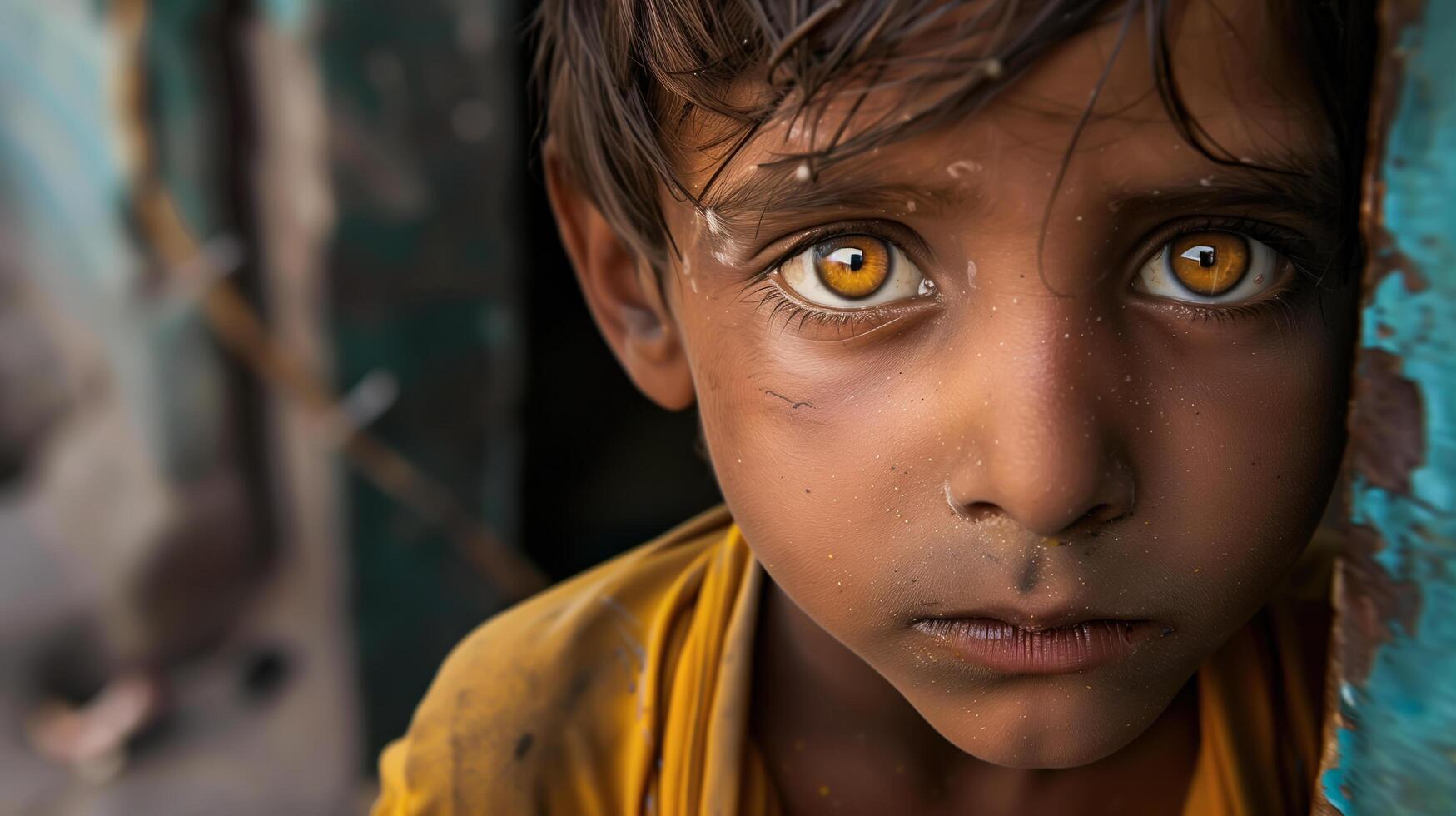 Small children gazes solemnly at the camera, eyes reflecting innocence and vulnerability. . photo