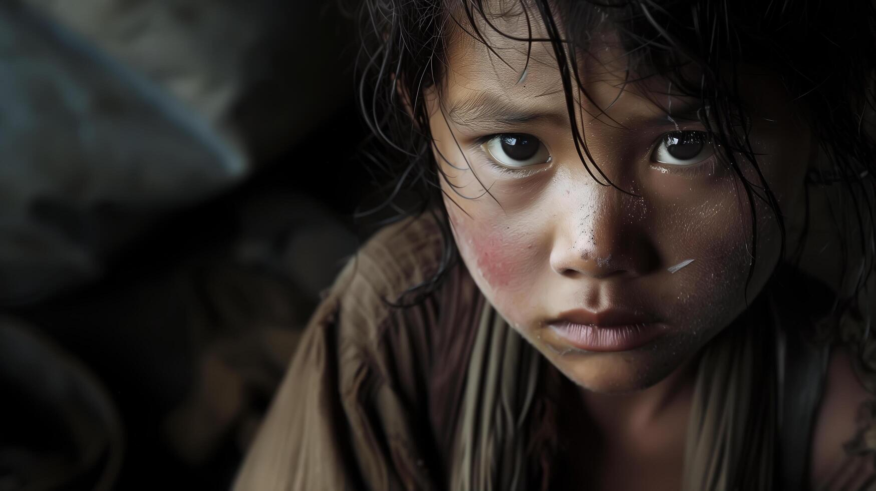 pequeño niños miradas solemnemente a el cámara, ojos reflejando inocencia y vulnerabilidad. . foto