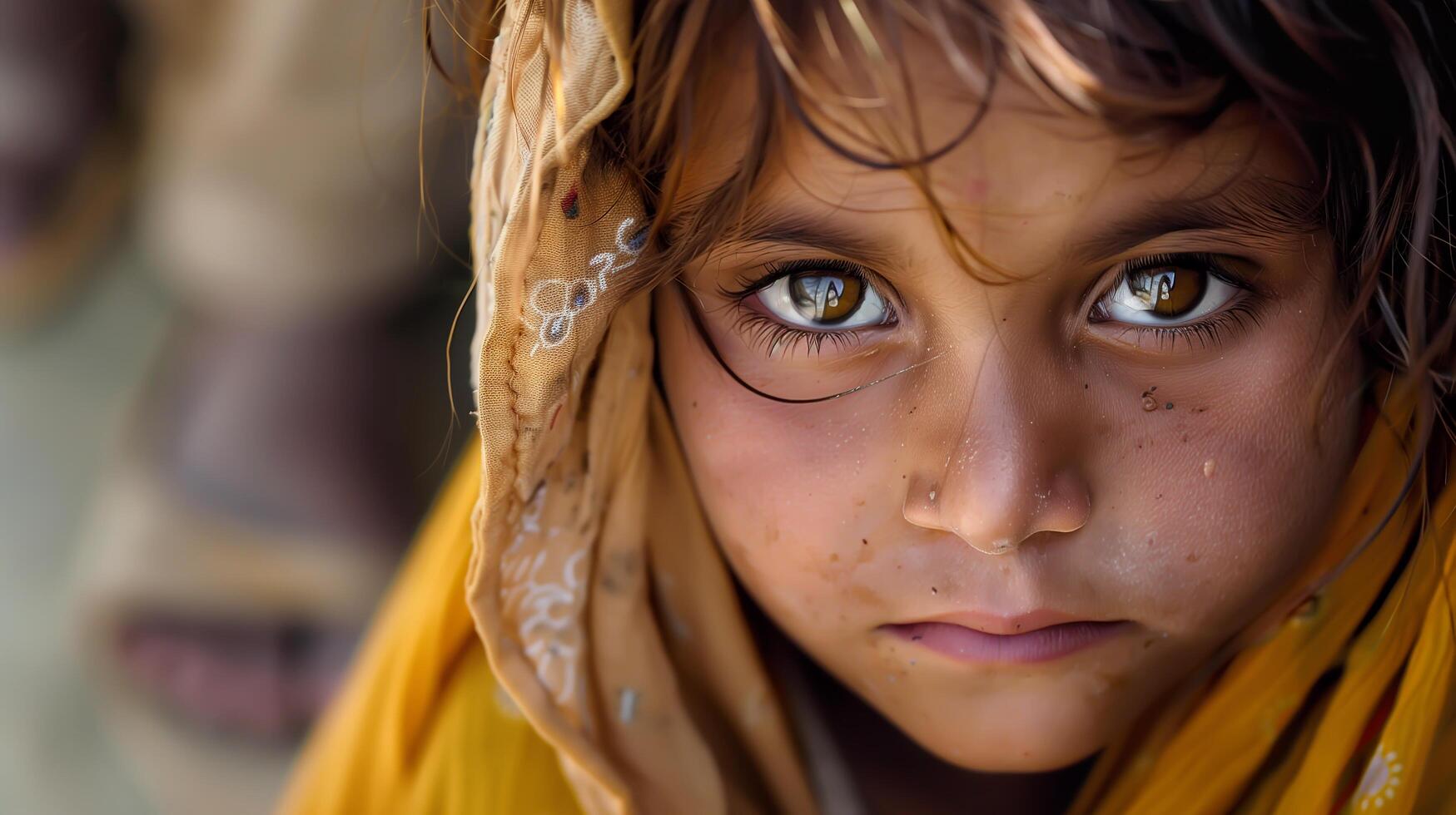 Small children gazes solemnly at the camera, eyes reflecting innocence and vulnerability. . photo