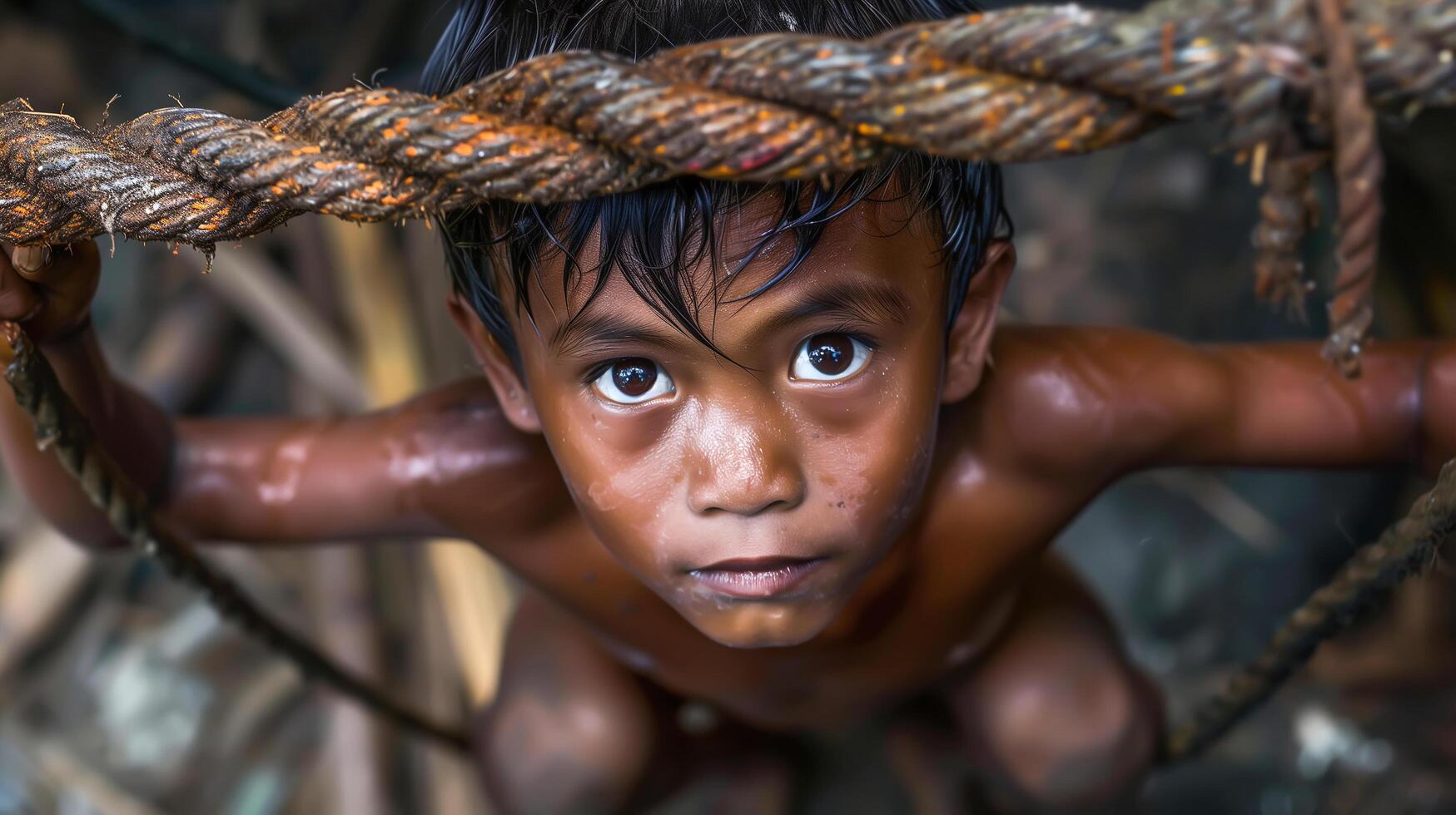 Small children gazes solemnly at the camera, eyes reflecting innocence and vulnerability. . photo