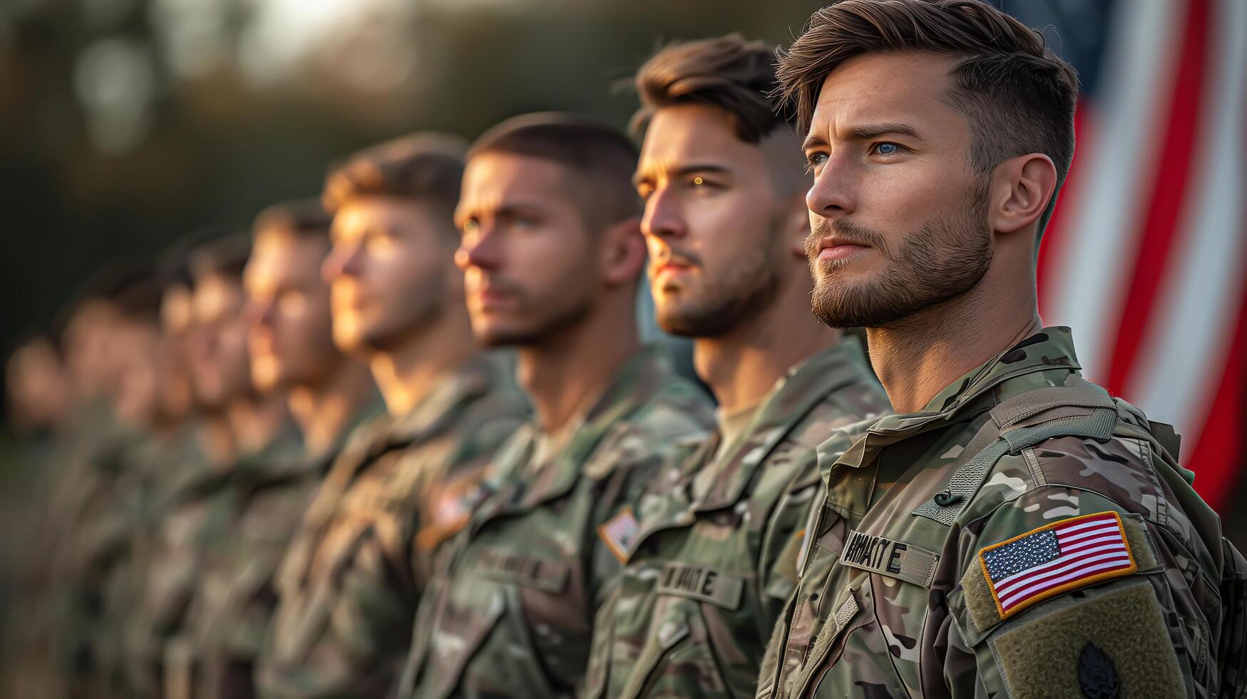 A military male soldier saluting with the USA flag as a backdrop. . photo