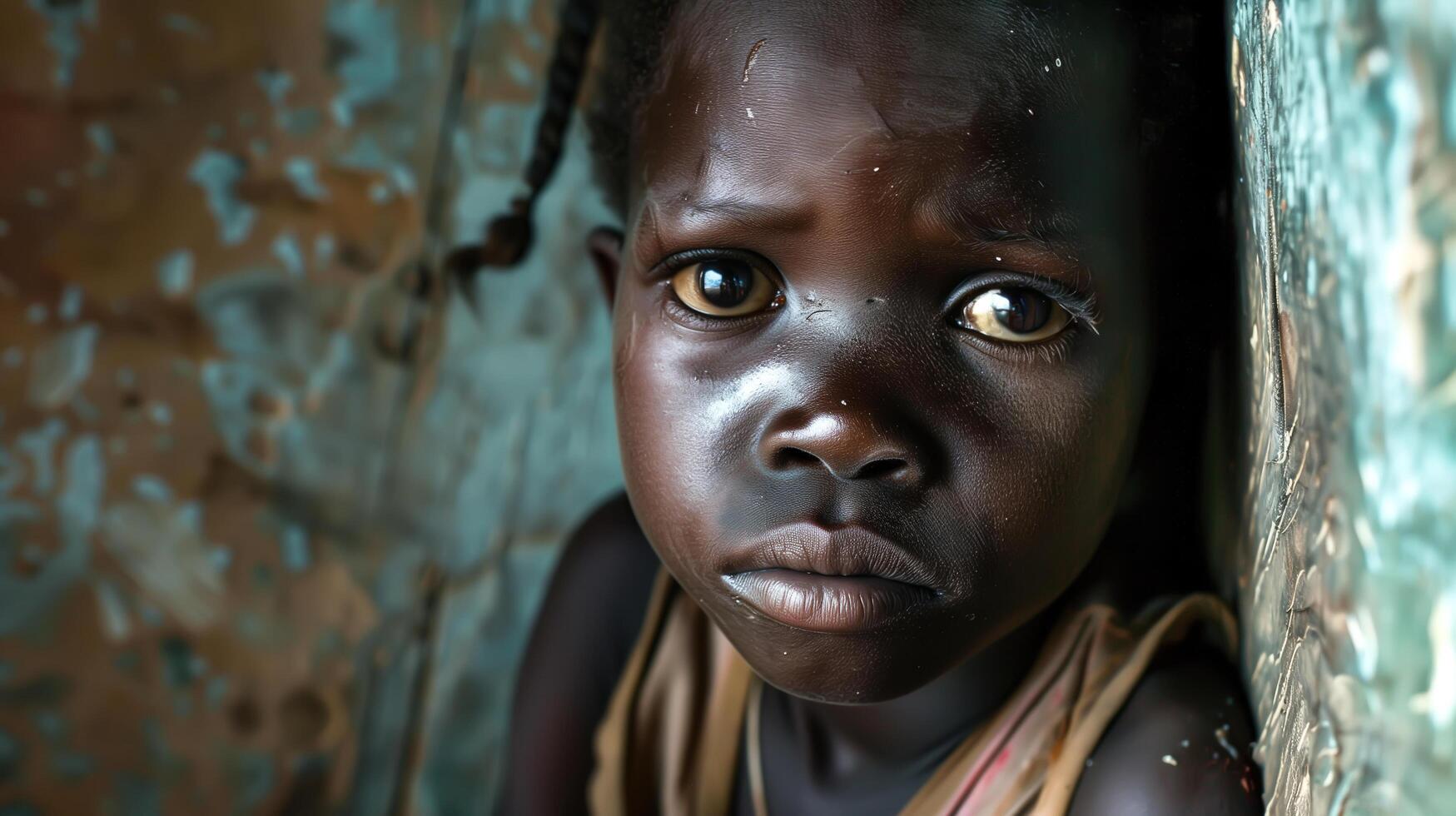 Small children gazes solemnly at the camera, eyes reflecting innocence and vulnerability. . photo