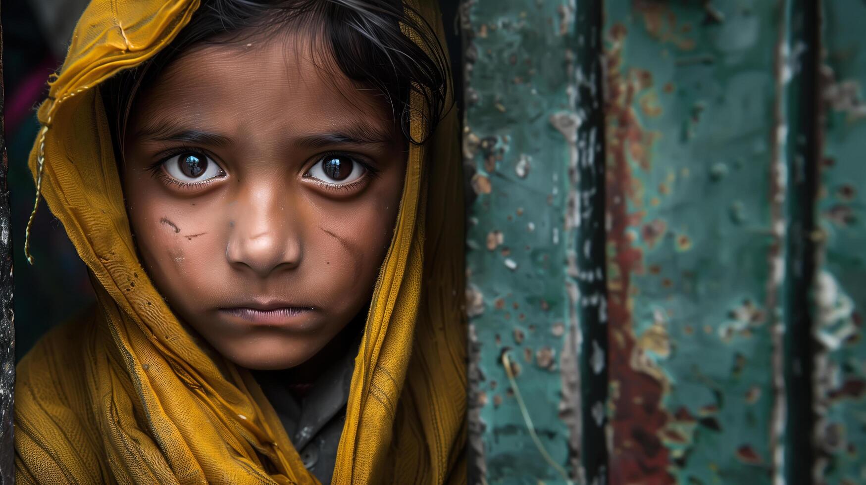 Small children gazes solemnly at the camera, eyes reflecting innocence and vulnerability. . photo