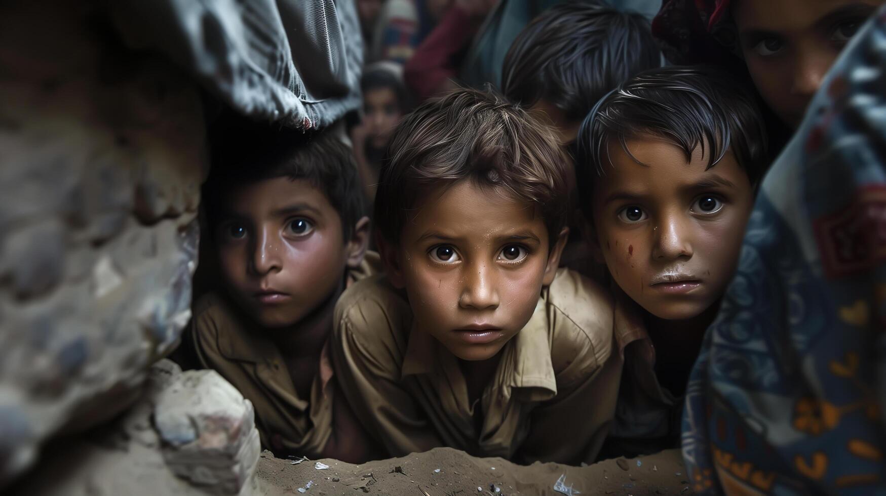 Small children gazes solemnly at the camera, eyes reflecting innocence and vulnerability. . photo