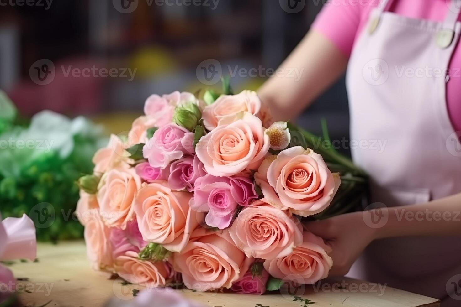 Bouquet of flowers in hand florist. Flower shop. Woman hold bouquet roses. Gift for holiday, birthday, valentine day. Ai photo