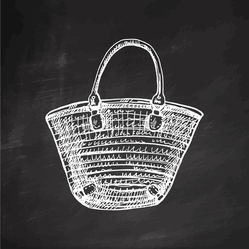 Hand-drawn sketch of beach wicker bag. Summer accessory isolated on chalkboard background. Vintage illustration in engraving style. vector